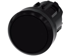 Sort Siemens trykknap med 22 mm diameter, lavet af plast med en flad, låsende trykfunktion vist isoleret på hvid baggrund.