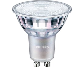 Philips Master Value LED-spot med klar, mønstret glasfront, sølvfarvet krop og GU10-fatning, set forfra.