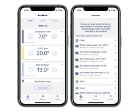 Viser Adax app på en smartphone til styring af varmelisten i forskellige rum med temperaturvisning.