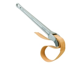 RIDGID stroptang model 5 i sølv med sandfarvet nylonstrop, viser USA produktion og 'Ridgid' logo.