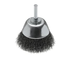 Ironside kopbørste med bølget ståltråd, 60 mm diameter og 6 mm skaft, set skråt forfra.