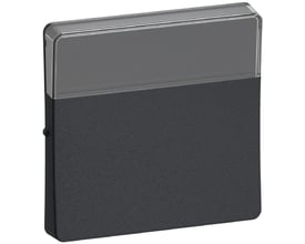 Lauritz Knudsen LK FUGA afbryder i koksgrå med tekstfelt, 1-polet og 1 modul bredde, vist på hvid baggrund.