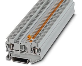 Detaljeret visning af Phoenix Contact knivskilleklemme ST 2,5-MT, med fokus på fjedertilslutning og 2,5mm² kapacitet.