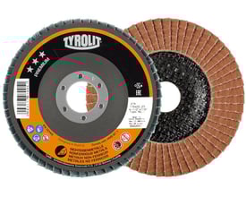 To Tyrolit PREMIUM lamelskiver med 125mm diameter viser den skråde opbygning med keramiske korn i kornstørrelse 40.