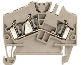 Nærbillede af Weidmüller gennemgangsklemme ZDU 2.5-2/3AN, beige, med fokus på de interne fjederterminaler og ledningsføring.