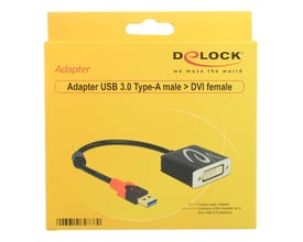 Pakke med DeLock USB 3.1 Type-A til DVI-I adapteren, der viser produktbilledet på en gul æske med Delock logo.