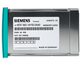 Siemens S7 lagermodul med 64 kB RAM, model 1P 6ES7 952-1AY00-0AA0, mærket "Memory Card" og "Made in Germany".