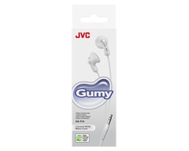 JVC HA-F14 Gumy in-ear hovedtelefoner i hvid, præsenteret i deres papiremballage med tydelig mærkning og et billede af produktet.