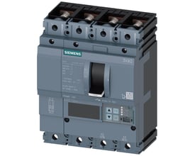 Siemens 3VA2 maksimalafbryder, 4-polet, 25A, 55kA, 415V, grå med sort håndtag og digital skærm for afbryderindstillinger.