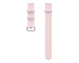 Samsung Watch7 Athleisure Band i pink, størrelse S/M, vist fra begge sider med sølvfarvet spænde og justeringshuller.