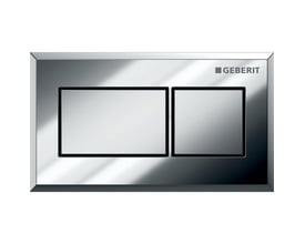 Geberit fjernbetjent skyllestyring i krom med kantet design, dobbelt skyl og pneumatisk betjening.