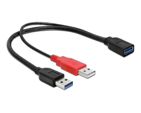Delock USB 3.0 Y-kabel på 30 cm med sort kabel, to USB-A-hanstik og et USB-A-hunstik.