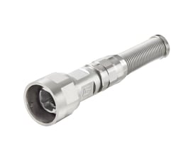 Weidmüller IP67-kabinet til Industrial Ethernet med rund åbning, sekskantet krave og gevindført bagende, set skråt forfra.