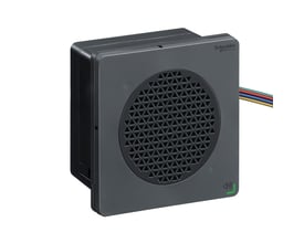 Schneider Electric DIN96 lydenhed i sort med NPN input og 12-24VDC forsyning, vist med et højtalerdesign og farvede ledninger.
