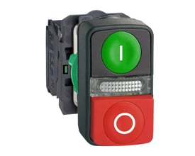 Schneider Electric XB5 dobbelttryk til 240V, med grøn "I" og rød "0" knap, samt LED-indikator og 1NO-1NC kontakt.