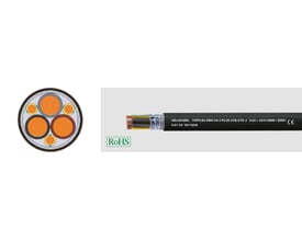 HELUKABEL TOPFLEX-EMV-UV-3 PLUS 2XSLCYK-J motorforsyningskabel med tværsnit, der viser de tre store sorte og brune ledere, en grå leder samt tre gule/grønne jordledere og en metalskærm.