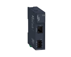 Schneider Electric TM3 busmodul i mørkeblå med hvid tekst, viser frontpaneler med RJ45-port og 24V strømtilslutning.