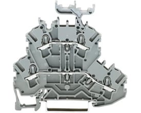Detaljeret billede af Wago 2-etageklemme, der viser CAGE CLAMP S-teknologi og monteringsdetaljer.
