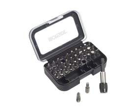 Ironside bitssæt med 31 dele og 1/4" tilslutning i åben plastboks med bits og bitsholder.