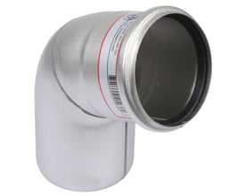 Blücher 82 mm syrefast afløbsbend i rustfrit stål, med mærkat og tætningsring, vist fra siden.