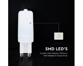 V-TAC G9 LED-pære på 2,2 W med hvidt hylster og synlig SMD-LED-detalje samt 6500 K lysfarve.