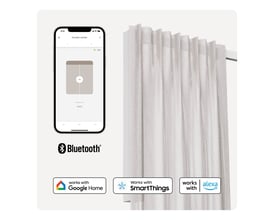 MotionBlinds Smart gardinskinne med Bluetooth-app på en iPhone, der viser styring af gardiner og kompatibilitet med Google Home, SmartThings og Alexa.