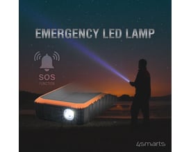 4smarts Solar Power Bank Prepper med 12000mAh i orange og sort, oplyser SOS-funktionen med en lysstråle i mørket.