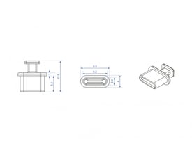 Teknisk tegning af Delock støvdæksel til USB Type-C hun-port med dimensioner og tre forskellige visninger.