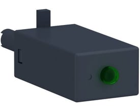 Schneider Electric Varistor RXZE/RSZ 24-60V i mørkegrå plast med en grøn LED-indikator på fronten.