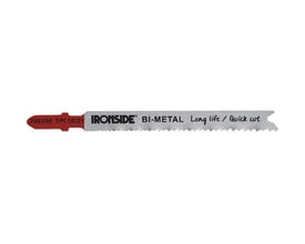 Ironside stiksavklinge T123X på 100 mm med sølvfarvet klinge, tænder langs kanten og rødt fæste.