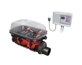 Kessel FKA højvandslukke type 3, 110mm, med to røde lukkeventiler og klar top, koblet til kontrolpanelet.