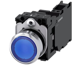Siemens 22mm oplyst trykknap i ru metal med blå front, 1NO/1NC kontakter og integreret LED 24V.