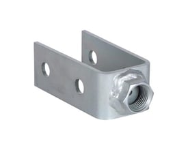Walraven RapidStrut-adapter til HD-rørbøjler 1/2" set skråt forfra med gevindstuds og huller i sideflangerne.