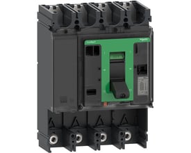 Schneider Electric Maksafbryder NSX400S, 4-polet grundenhed i mørkegrå med grønt håndtag for afbryderfunktion.