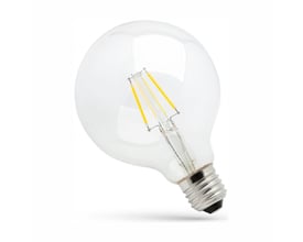 SpectrumLED E27 dæmpbar LED-globepære på 8,5 W med rund, klar glaskuppel og synlige LED-filamenter.