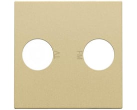 Niko afdækning til TV/FM udtag med guldbelagt finish, tydeligt mærket med TV og FM-symboler og to cirkulære åbninger.