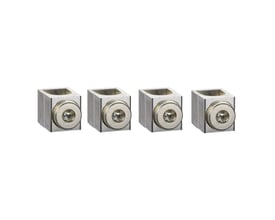 Fire Schneider Electric klemmesæt til 25-95mm² CU/AL kabler vist frontalt på en hvid baggrund, med tydelige skruehoveder.