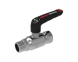 Broen Fullflow kuglehane i rustfrit stål med 1 1/2" gevind og langt L-greb, vist mod hvid baggrund.