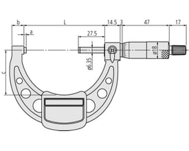 Teknisk tegning af udvendigt micrometer med dimensioner L, C, b, a, samt mål på spindel og cylinderdiameter.