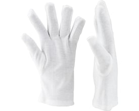 To hvide Supreme 13602 bomuldshandsker i str. 10-XL, hvor den ene ses i profil for at vise pasform og materiale.