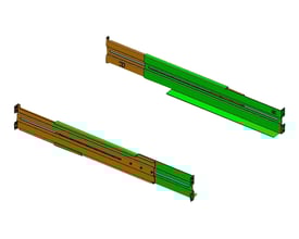 PowerWalker RK7 1U rackmonteringskit, bestående af to udtrækkelige skinner i brunt og grønt metal, vist på hvid baggrund.