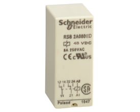 Schneider Electric RSB 2A080ED stikbensrelæ med 2 C/O kontakter, 8A 250VAC og 48VDC mærket. CE og cULus godkendt. Polen.