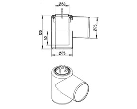 Teknisk tegning af Blücher rendeudløb med vandlås, viser dimensioner som 75 mm diameter og 120 mm højde.