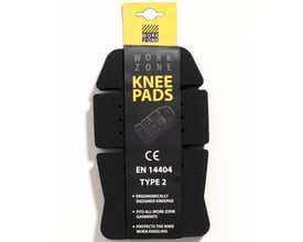 Sort FE Engel WorkZone-knæpude i ergonomisk form, vist med emballage og mærkning for EN 14404.