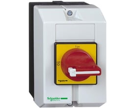 Schneider Electric Vario EMC sikkerhedsafbryder, 16A, 5,5kW, hvid med rødt/gult drejegreb, IP65.