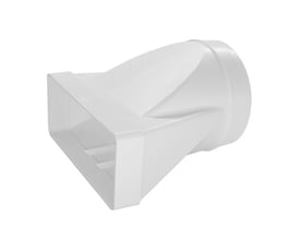 Thermex overgang af hvid plast, der forbinder en 220x90 mm fladkanal til en Ø150 mm rund kanal.