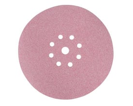 Makita slibepapir Ø225 mm med korn 120, med 9 huller til støvudsugning på en lyserød overflade.