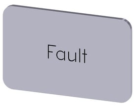 Siemens mærkningsplade 17.5 x 27 mm med sort tekst "Fault" på en sølvfarvet baggrund.