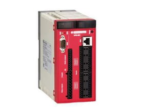 Schneider Electric nødstopmodul M 32I/8O, CAN-open med PL:e Cat.4 sikkerhed, 24V, 4NO og 6SS udgange, vist fra siden med fokus på tilslutningsterminaler og porte.