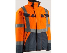 Mascot vinterjakke 15935-126 i str. XL, med fluorescerende orange og mørk marine farver, lodrette og vandrette reflekser.